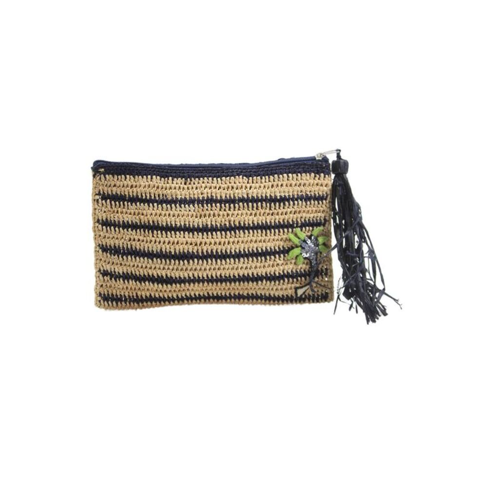 mar Y sol Womens Straw Striped Sequined Clutch Handbag Beige Navy Blue